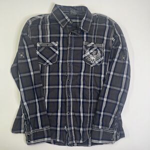 Not Of This World Men’s XL Pearl Snap Shirt Black Blue Plaid Embroidered Phoenix